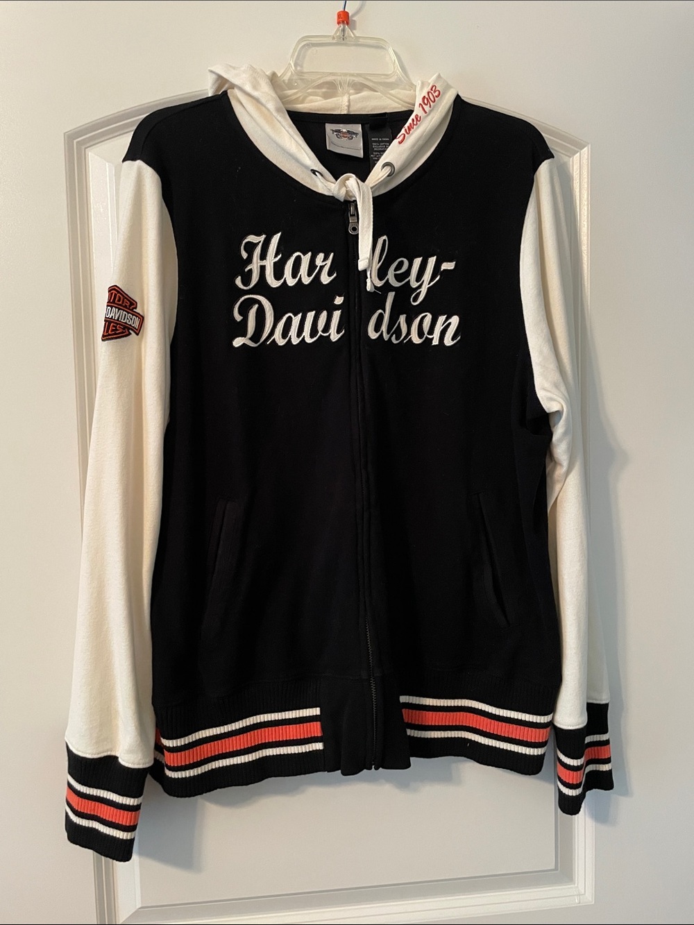 Harley-Davidson Black & Off White Zip-Up Hooded Sweater w/Orange Stripe Accents